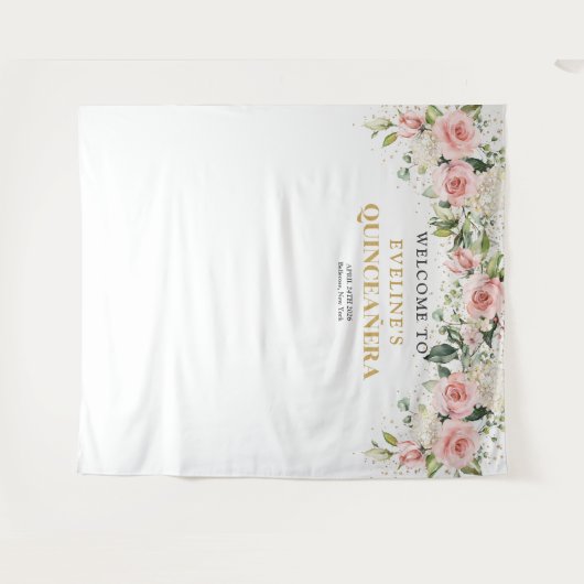 Boho Blush Rosa Blütengold Tiara Salbei Quinceaner Wandteppich (Vorderseite (Horizontal))