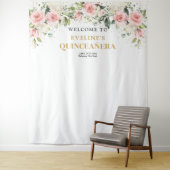 Boho Blush Rosa Blütengold Tiara Salbei Quinceaner Wandteppich (Beispiel)