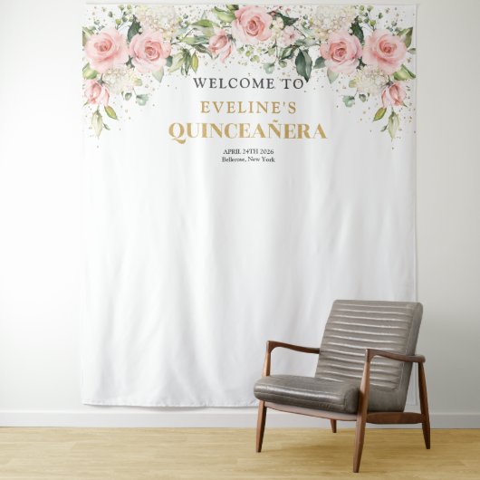 Boho Blush Rosa Blütengold Tiara Salbei Quinceaner Wandteppich (Beispiel)