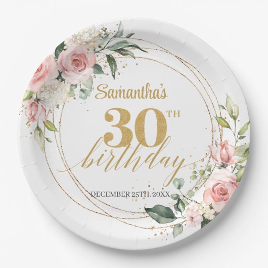 Boho Blush Rosa Blütenröschchen Eukalyptus Gold 30 Pappteller (Vorderseite)