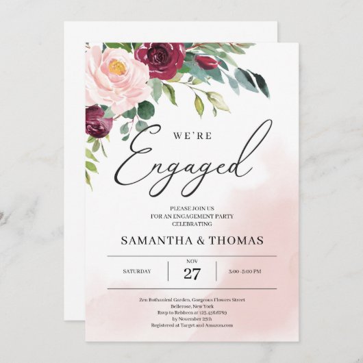 Boho blush rosa bordeauxrote Blumengrün Einladung (Vorne/Hinten)