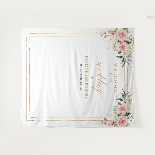 Boho Blush Rosa Eukalyptusgold Hochzeit Wandteppich (Vorderseite (Horizontal))