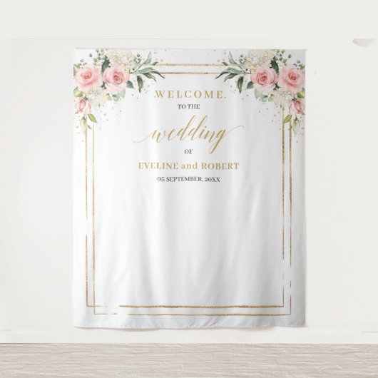 Boho Blush Rosa Eukalyptusgold Hochzeit Wandteppich (Vorderseite)