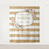 Boho Blush rosa Rosen Goldstreifen Glitzer Streife Wandteppich (Vorderseite)