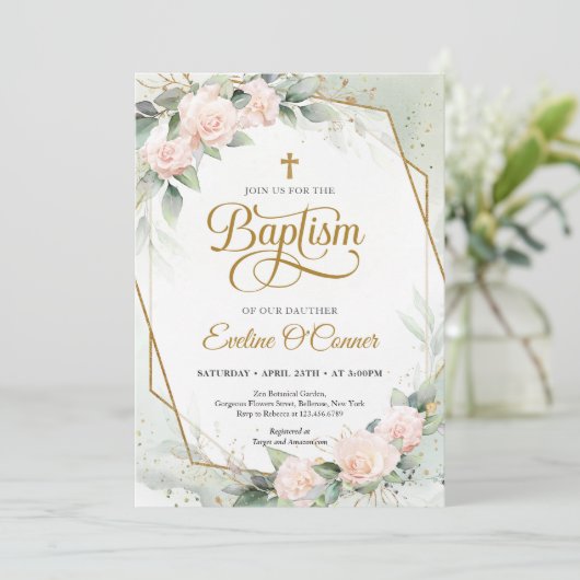 Boho blush Rose Eukalyptus Goldrahmen Taufe Einladung (Stehend Vorderseite)