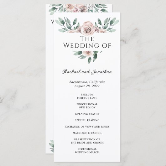 Boho Blush Rose Floral Wedding Program Programm (Vorne/Hinten)