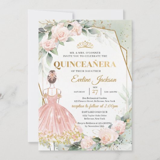 Boho blush Rose Goldrahmen Knöchel Quinceanera Einladung (Vorderseite)