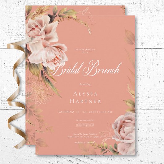Boho Blush Rose & Grasses Bridal Brunch Einladung