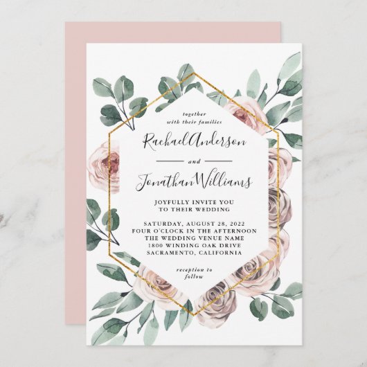 Boho Blush-Rose mit geometrischem Rahmen Einladung (Vorne/Hinten)