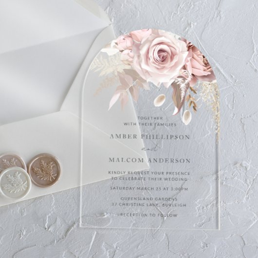 Boho-Blush-Rosen-Bogen-Hochzeit Acryleinladungen