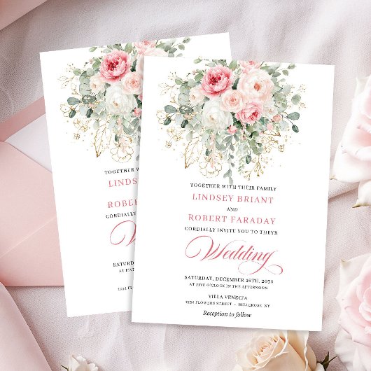 Boho Blush Roses Gold Floral Wedding Invitation Einladung