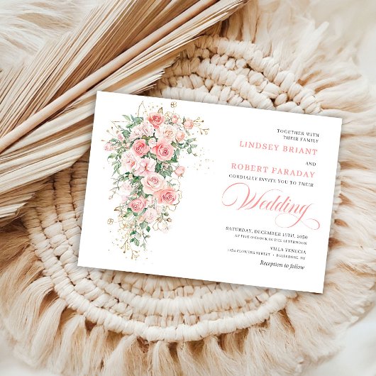Boho Blush Roses Greenery Gold Wedding Invitation Einladung