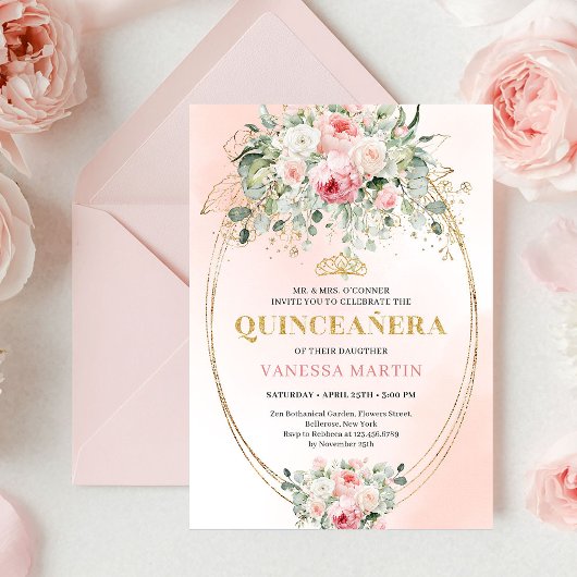 Boho Blush Roses Greenery Quinceañera Invitation Einladung