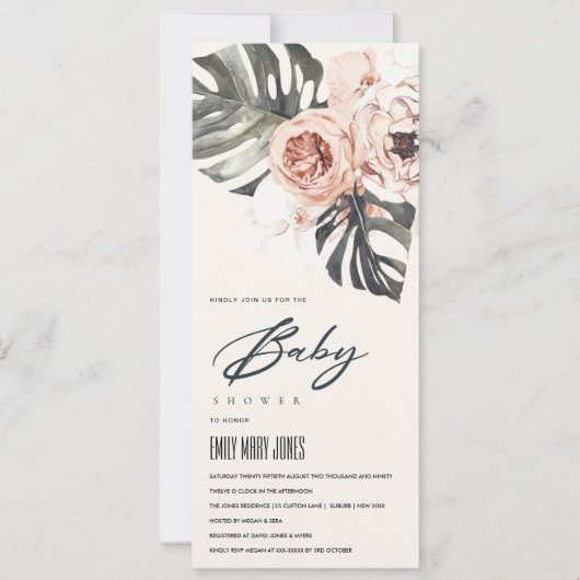 BOHO BLUSH RUST FLORAL MONSTERA BABY SHOWER EINLADUNG (Vorderseite)