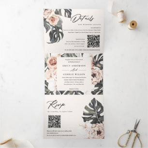 Boho Blush Rust Monstera Floral 2 QR Code Hochzeit Dreifach Gefaltete Einladung