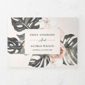 Boho Blush Rust Monstera Floral 2 QR Code Hochzeit Dreifach Gefaltete Einladung (Cover)