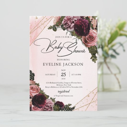 Boho Blush und Bordeaux-Maroon-Goldrahmen Einladung (Stehend Vorderseite)