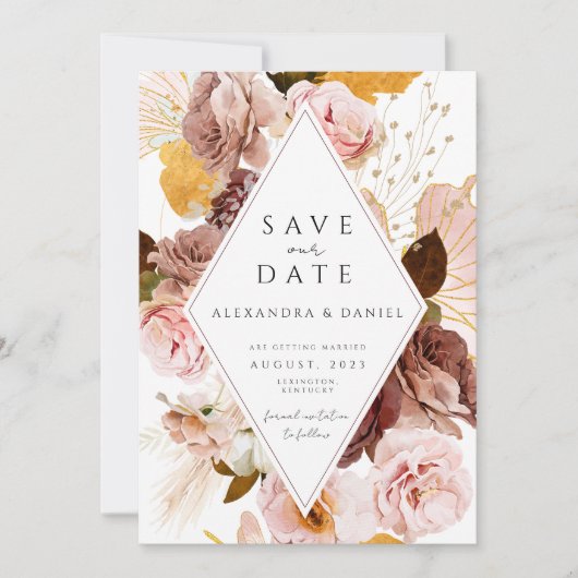 Boho Blush und Rose Pampas Save the Date Einladung (Vorderseite)