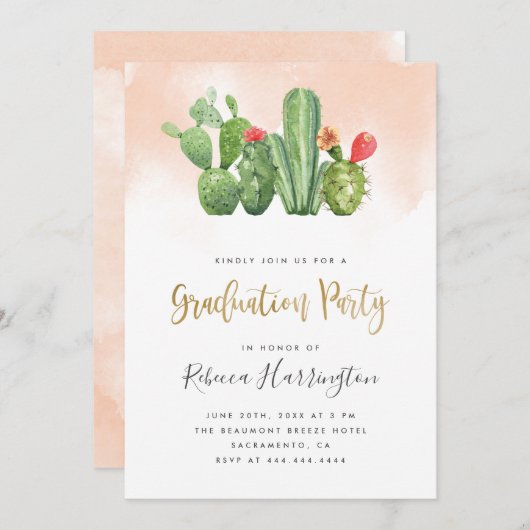 Boho Blush Watercolor & Cactus Graduation Party Einladung (Vorne/Hinten)
