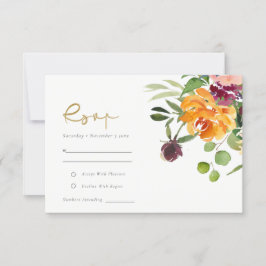 Boho Blush Yellow Orange Floral Wedding RSVP Karte