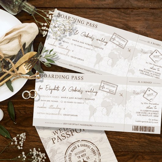 Boho Boarding Pass Hochzeit in Urlaubsort Einladung