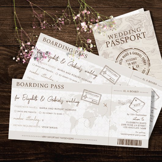 Boho Boarding Pass Hochzeit in Urlaubsort Einladung