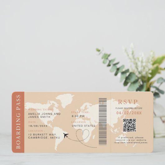 Boho Boarding Pass Hochzeit in Urlaubsort QR-Code Einladung (Stehend Vorderseite)