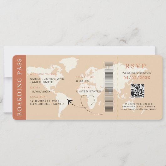 Boho Boarding Pass Hochzeit in Urlaubsort QR-Code Einladung (Vorderseite)