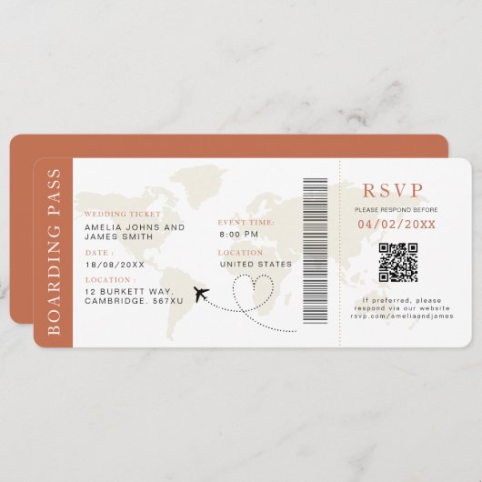 Boho Boarding Pass Hochzeit in Urlaubsort QR-Code Einladung (Vorne/Hinten)