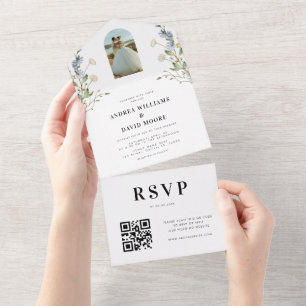Boho-Bogen-Foto Wildblumen & QR-Code-Hochzeit All In One Einladung
