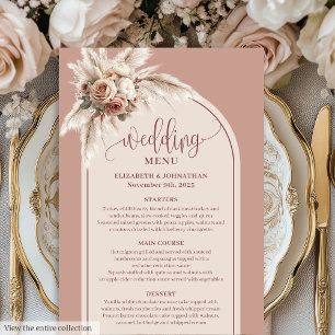 Boho-Bogen-Puderrosa-Pampas-Blumen-Hochzeitsmenü Menükarte