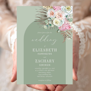 Boho-Bogen Tropische Blumen Sage Grün Hochzeit Einladung