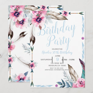 Boho-Boheme-Stammes-Blumen-Watercolor-Geburtstag Einladung