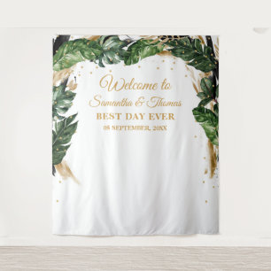Boho-Boheme tropische Blätter Blumen Gold Hochzeit Wandteppich