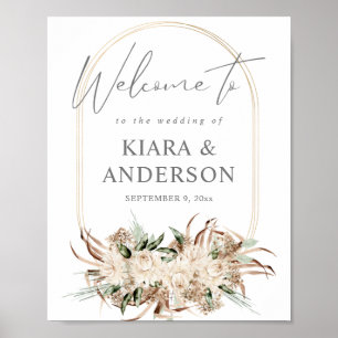 Boho-Bohemian-Beige-Blumen-Willkommensschild Poster