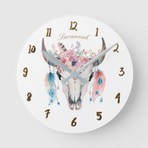 Boho Bohemian Cow Skull Horns Floral Feathers Runde Wanduhr