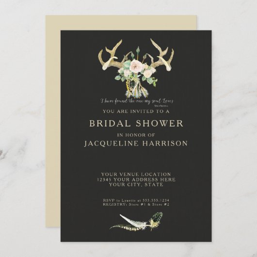 Boho Bohemian Deer Antler Floral Bridal Shower Einladung (Vorne/Hinten)