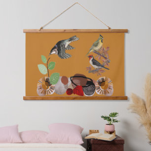 Boho Bohemian Moderne Kunst Frühling Natur Vögel W Wandteppich Mit Holzrahmen