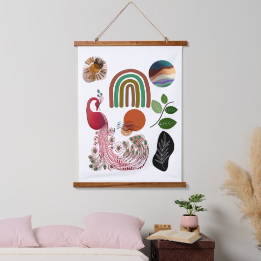 Boho Bohemisch Earth Modern Art Peacock Wall Decke Wandteppich Mit Holzrahmen (Schlafzimmer)