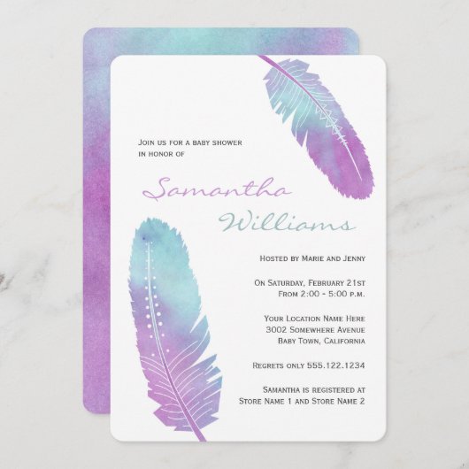 Boho Bohemisch Feather Lila Baby Dusche Einladung (Vorne/Hinten)