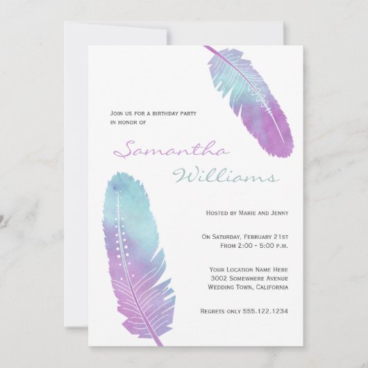 Boho Bohemisch Feather Lila Geburtstagsparty Einladung (Vorderseite)
