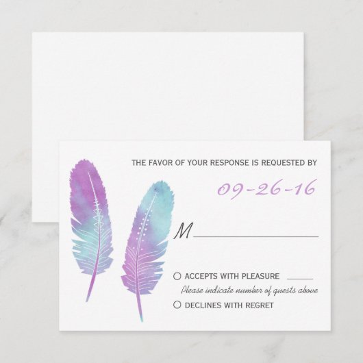 Boho Bohemisch Feather Lila und Blue Wedding RSVP (Vorne/Hinten)