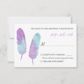 Boho Bohemisch Feather Lila und Blue Wedding RSVP Karte (Vorderseite)