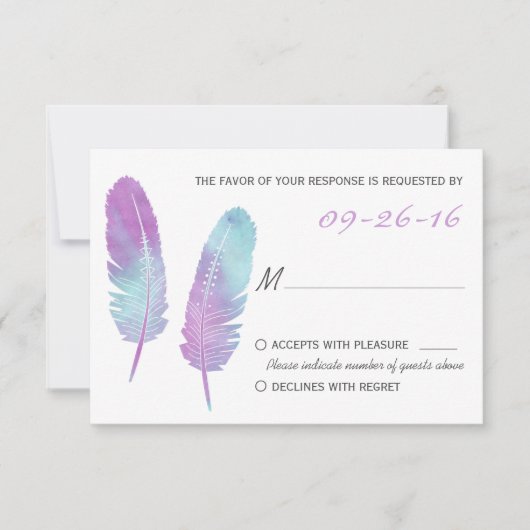 Boho Bohemisch Feather Lila und Blue Wedding RSVP Karte (Vorderseite)
