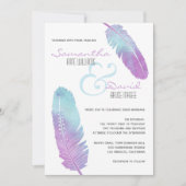 Boho Bohemisch Feather Wedding Lila und blau Einladung (Vorderseite)