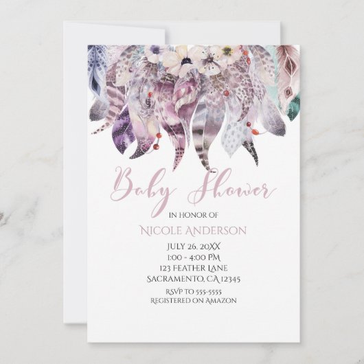 Boho Bohemisch Feathers Baby Shower Einladungen (Vorderseite)