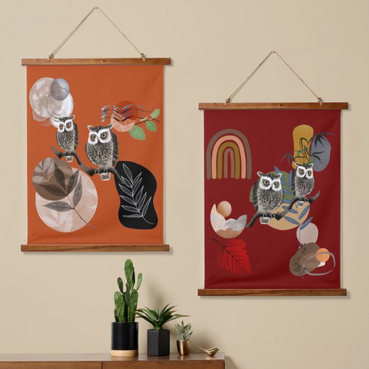 Boho Bohemisch moderne Kunst Owls Natureismauer Wandteppich Mit Holzrahmen (Asymmetrisch)