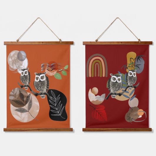 Boho Bohemisch moderne Kunst Owls Natureismauer Wandteppich Mit Holzrahmen (Doppelt)