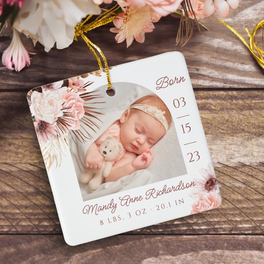 Boho Bohemisch Pink Floral Baby Birth Stats Foto Keramikornament