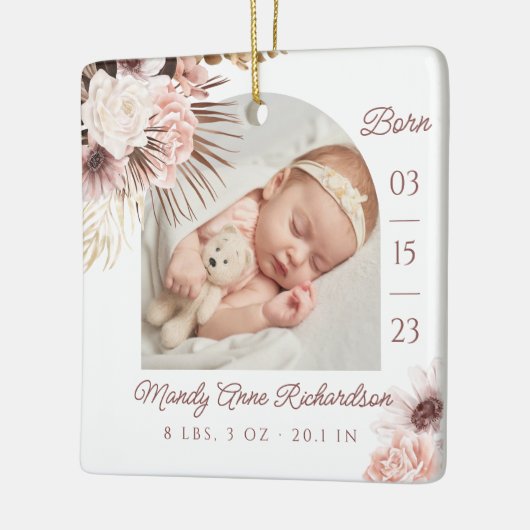 Boho Bohemisch Pink Floral Baby Birth Stats Foto Keramikornament (Links)